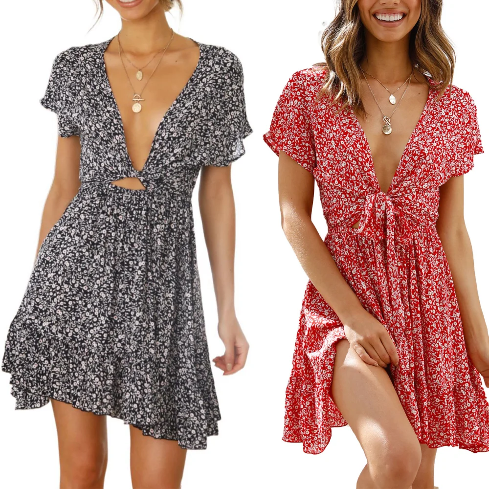 Women's Dress, Floral Short Sleeve Deep V-Neck Lace-up Dress