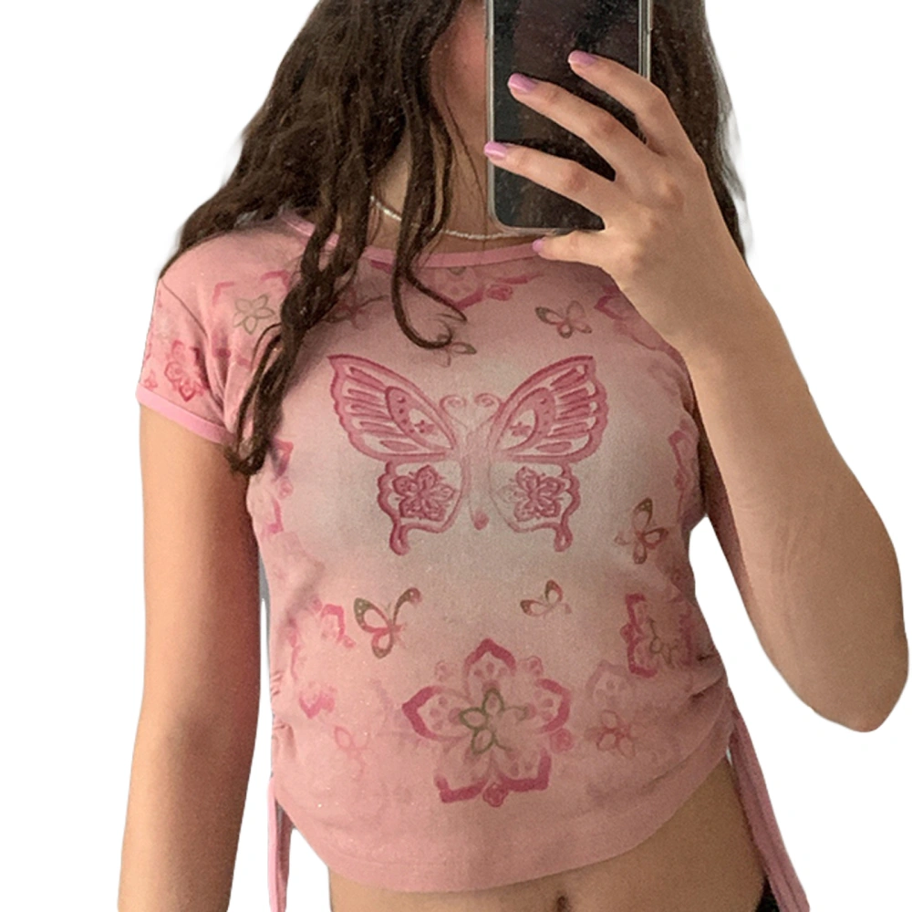 Women Summer Crop Tops, Butterfly Print O-Neck Short Sleeves Camisole