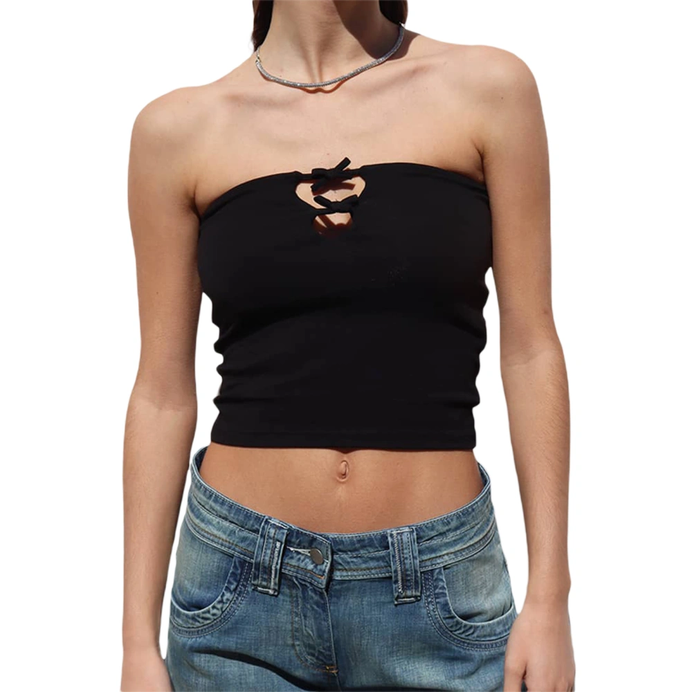 Women Summer Basic Elastic Bandeau Bow Cutout Off-shoulder Crop Tops