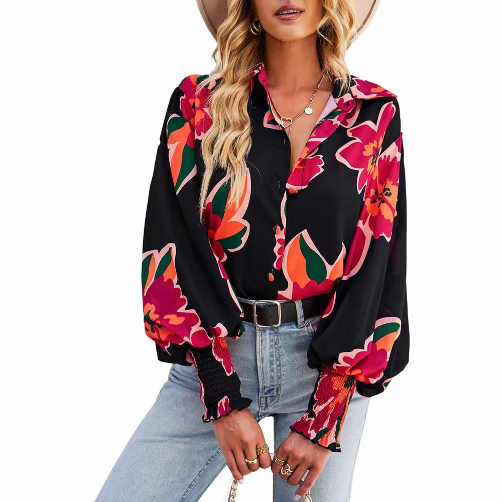 Women Button up Shirt Contrast Color Loose Casual Long Sleeve Blouse 