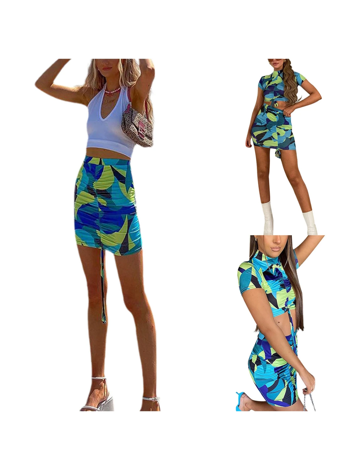 Women’s Printing Cropped Tops and Drawstring Skinny Skirt Set