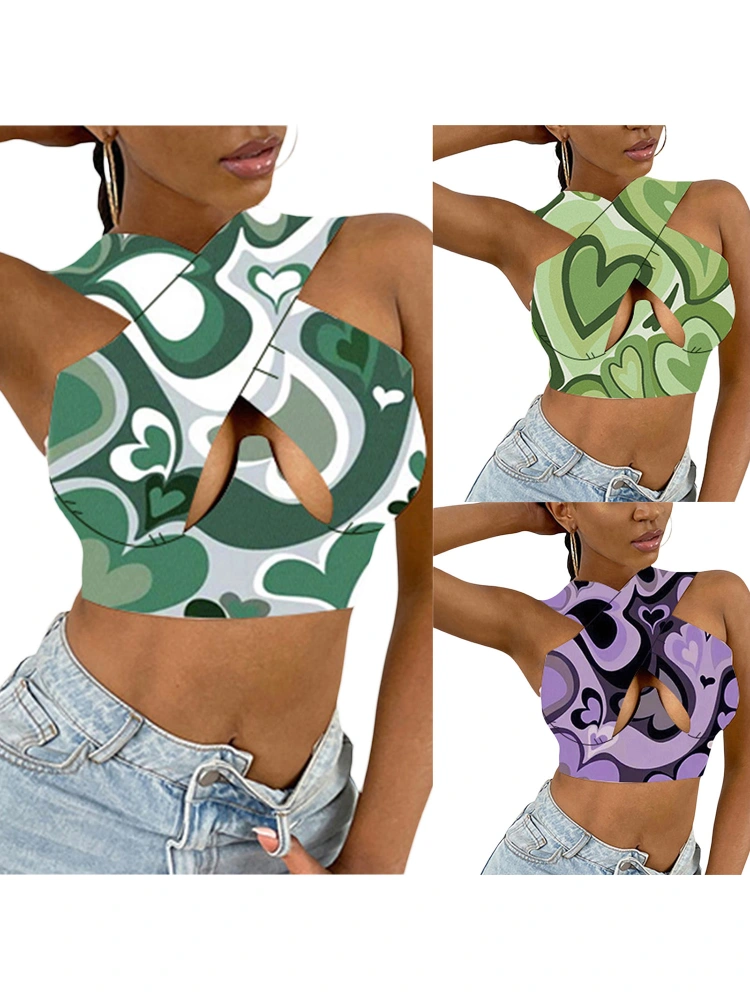 Women Hollow Out Vest, Heart Printed Pattern Sleeveless Crop Tops