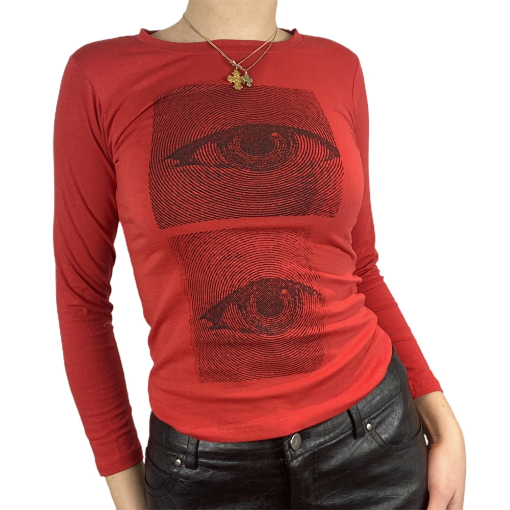 Women Crop Tops, Eyes Print Round-Neck Long Sleeve Tight T-Shirt