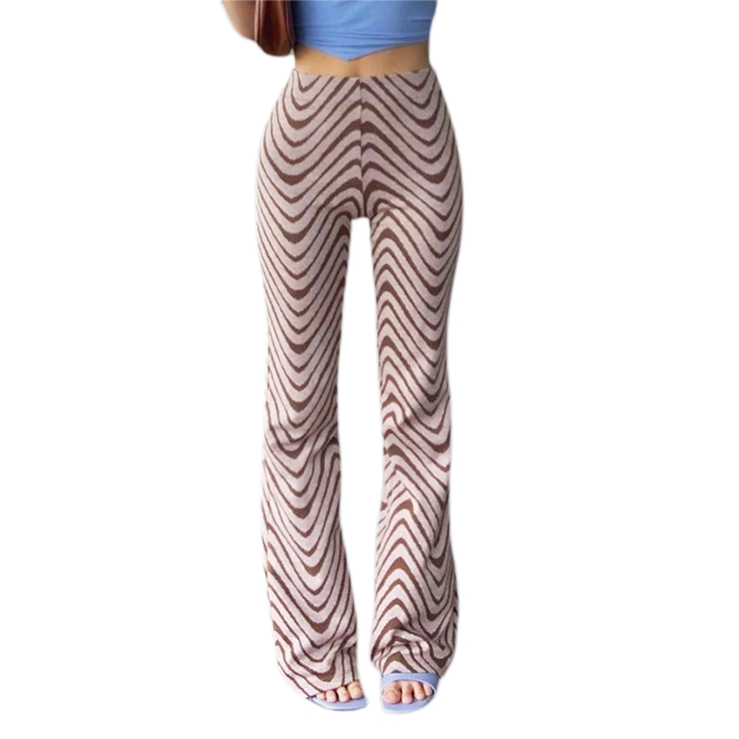 Women Flared Trousers, Wavy Stripe Printed Pattern High Waist Pants