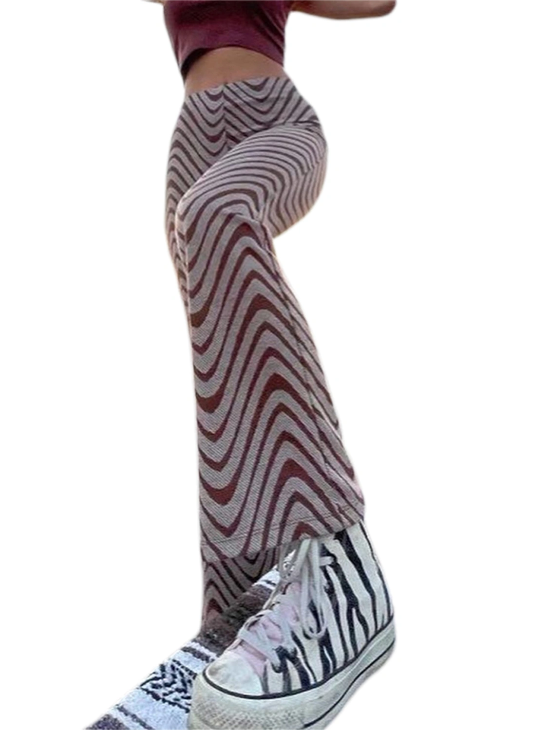 Women Flared Trousers, Wavy Stripe Printed Pattern High Waist Pants
