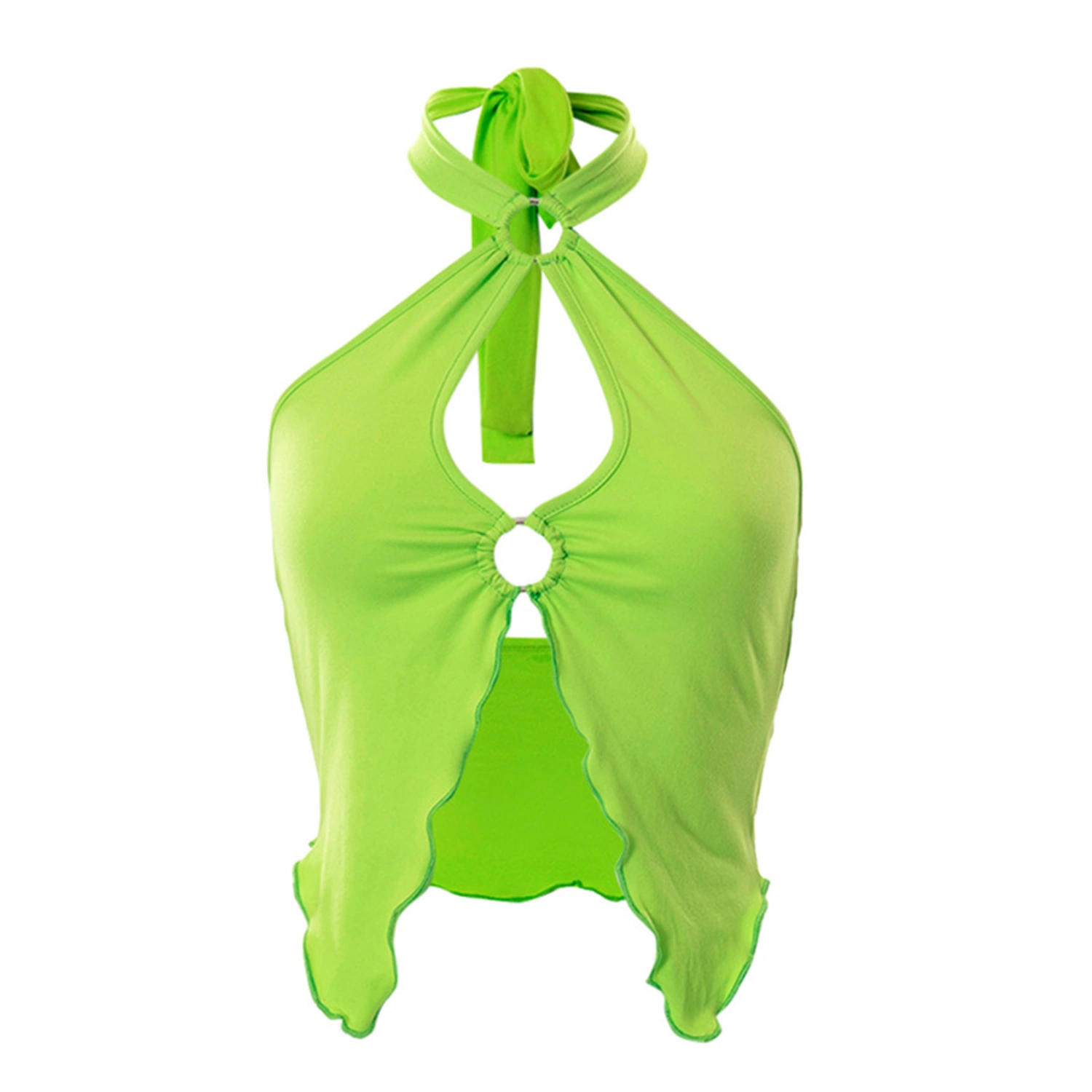 Tie-up Halter Tops, Solid Color Cutout Slit Crop Tops with Hoops