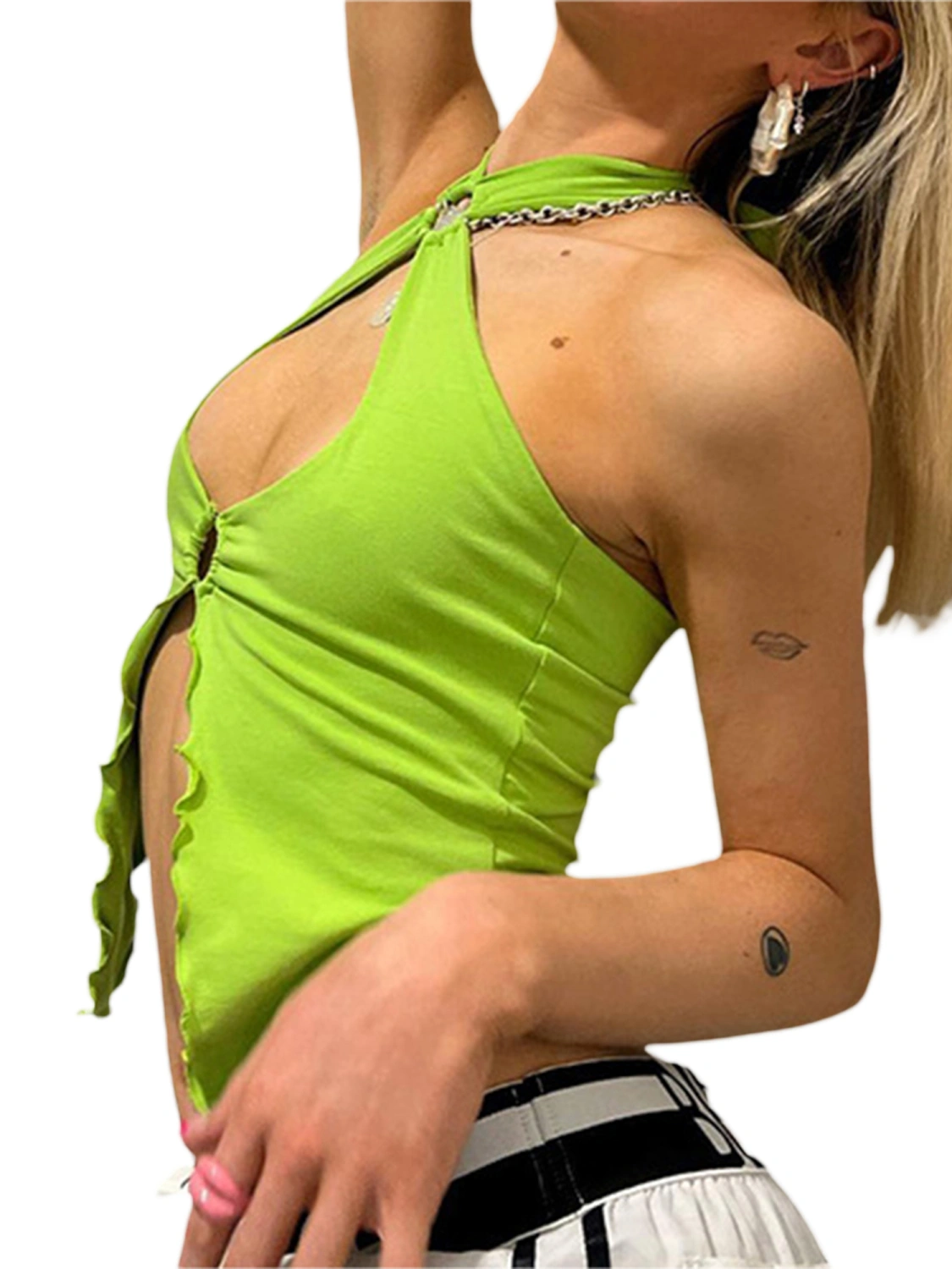 Tie-up Halter Tops, Solid Color Cutout Slit Crop Tops with Hoops