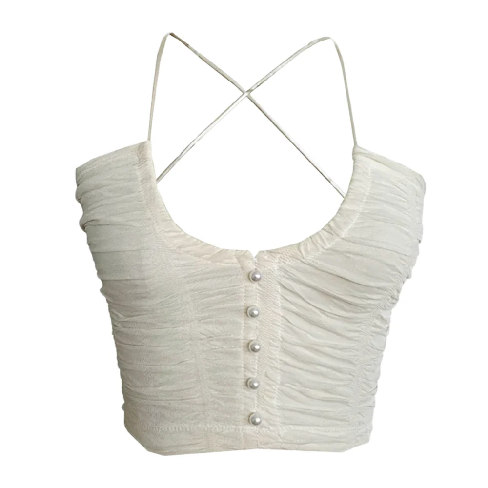 Women Casual Tank Tops, Solid Sleeveless Slim-Fit Pleated Sling Tops