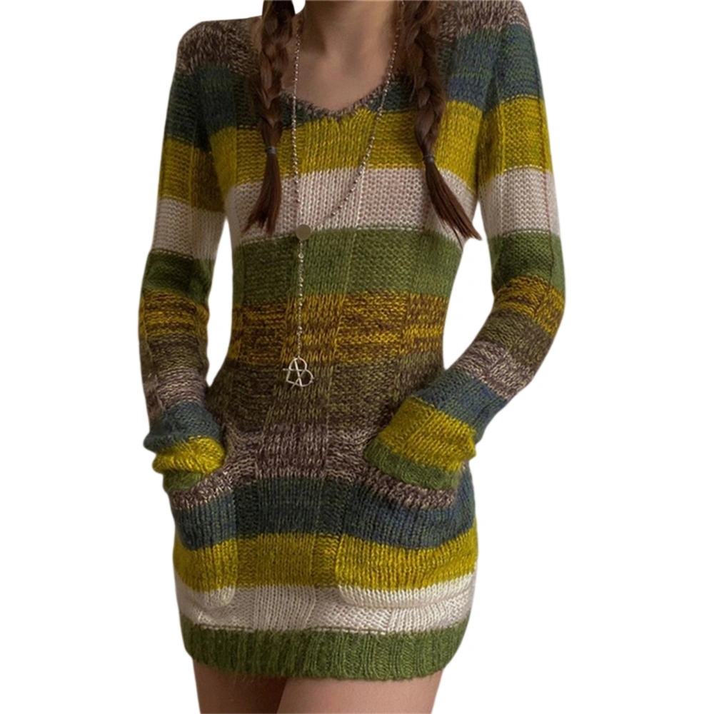 Women Knit Bodycon Dress, Long Sleeve V Neck Striped Slim Fit Dress