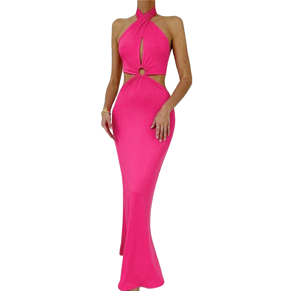 Women's Solid Color Sleeveless Halter Neck Hollow Evening Dress