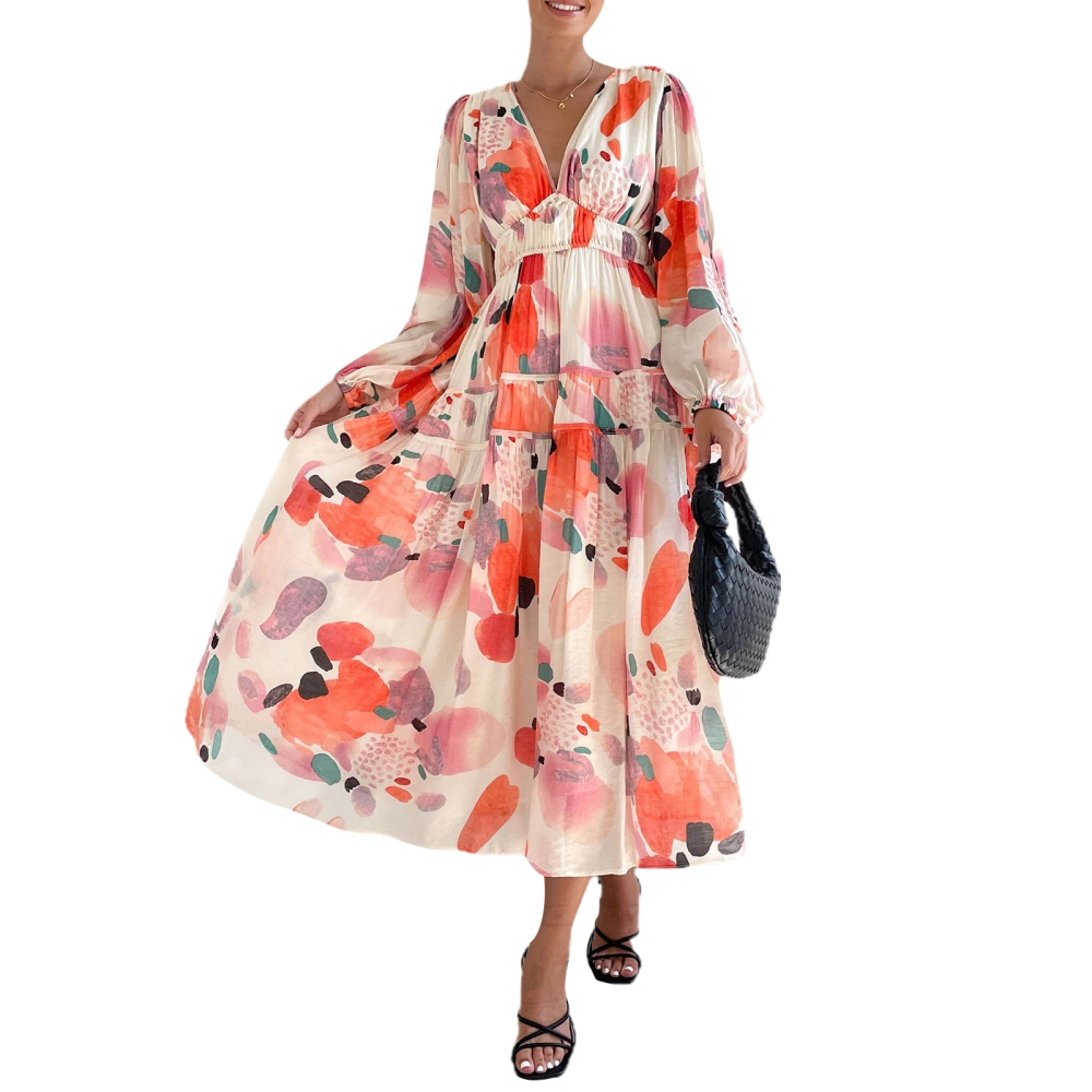 Women Floral Print Long Dress V-Neck Long Sleeve Bohemian Dress