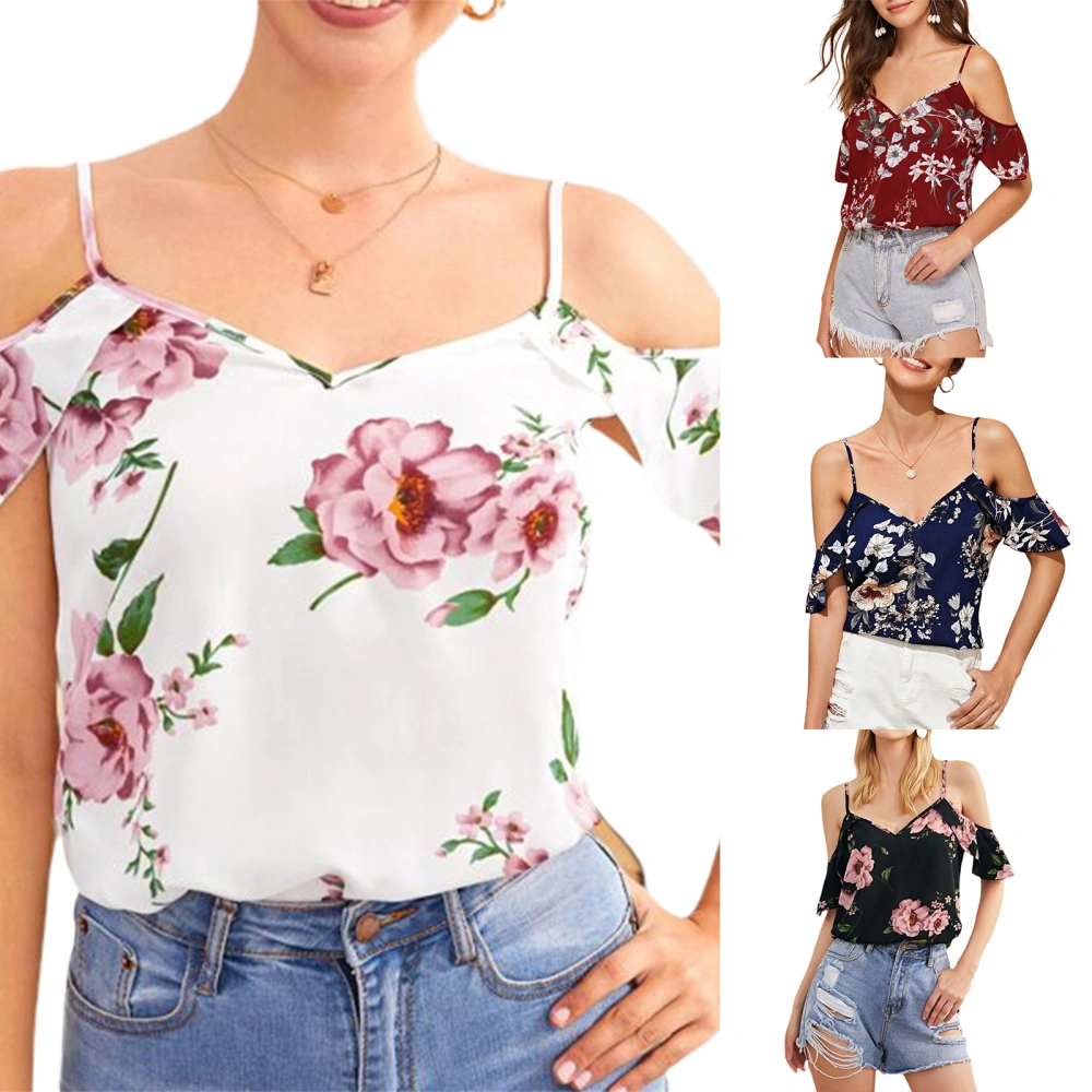 Women’s Fashion Flower Print Off-shoulder Ruffles Sleeve T-shirt