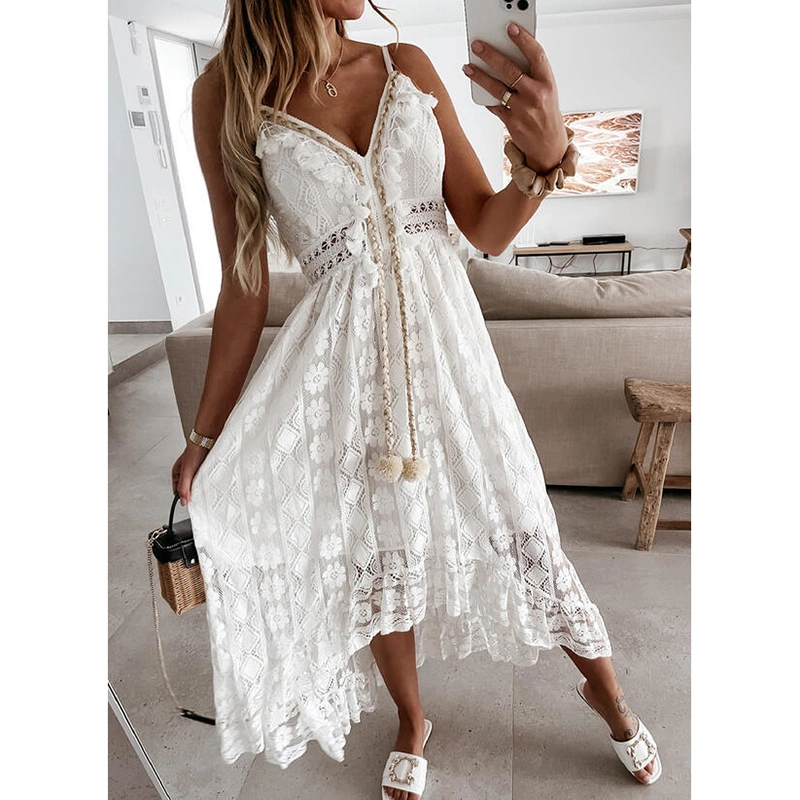 Women Lace Hem Summer Dress, Deep V-neck Sleeveless Beachwear