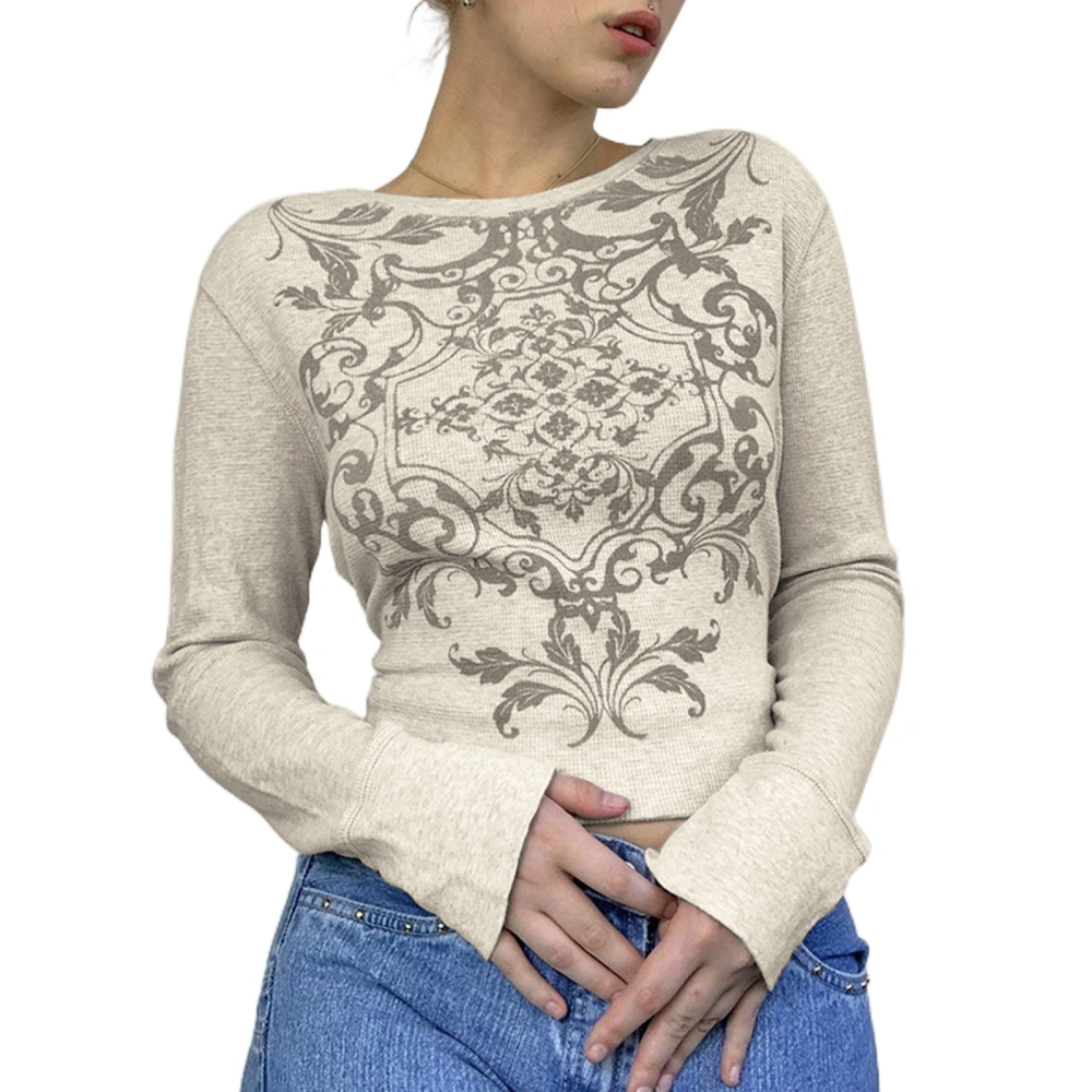 Women Short Shirt Long Sleeve Round Neck Retro Floral Print Tops