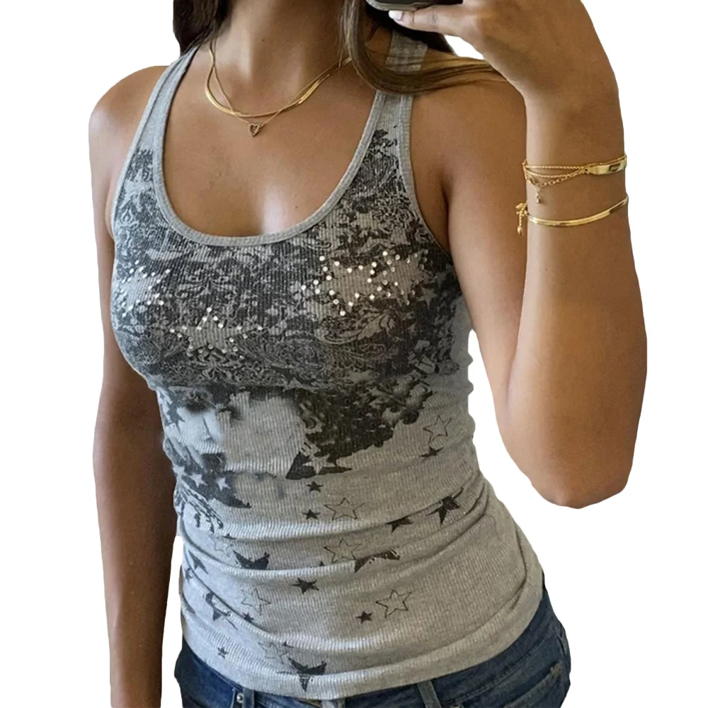 Women's Gray Sleeveless O Neck Stars Print Rhinestone Tank Tops