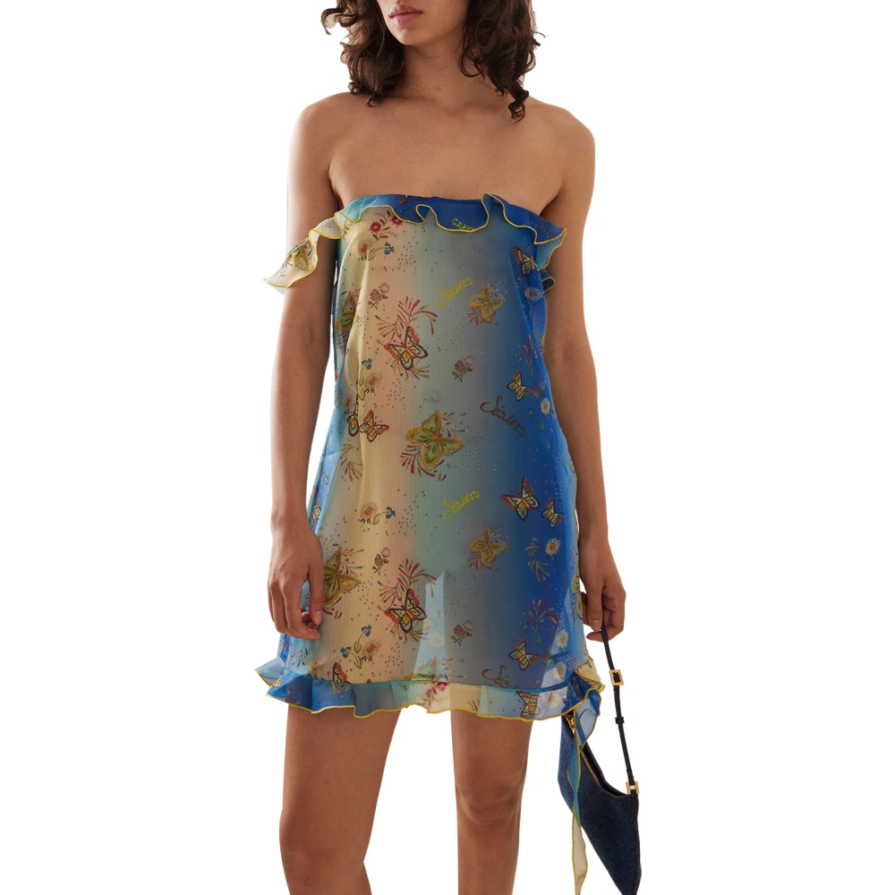 Women's Summer Tube Dress, Strapless Butterfly Print Ruffle Dress