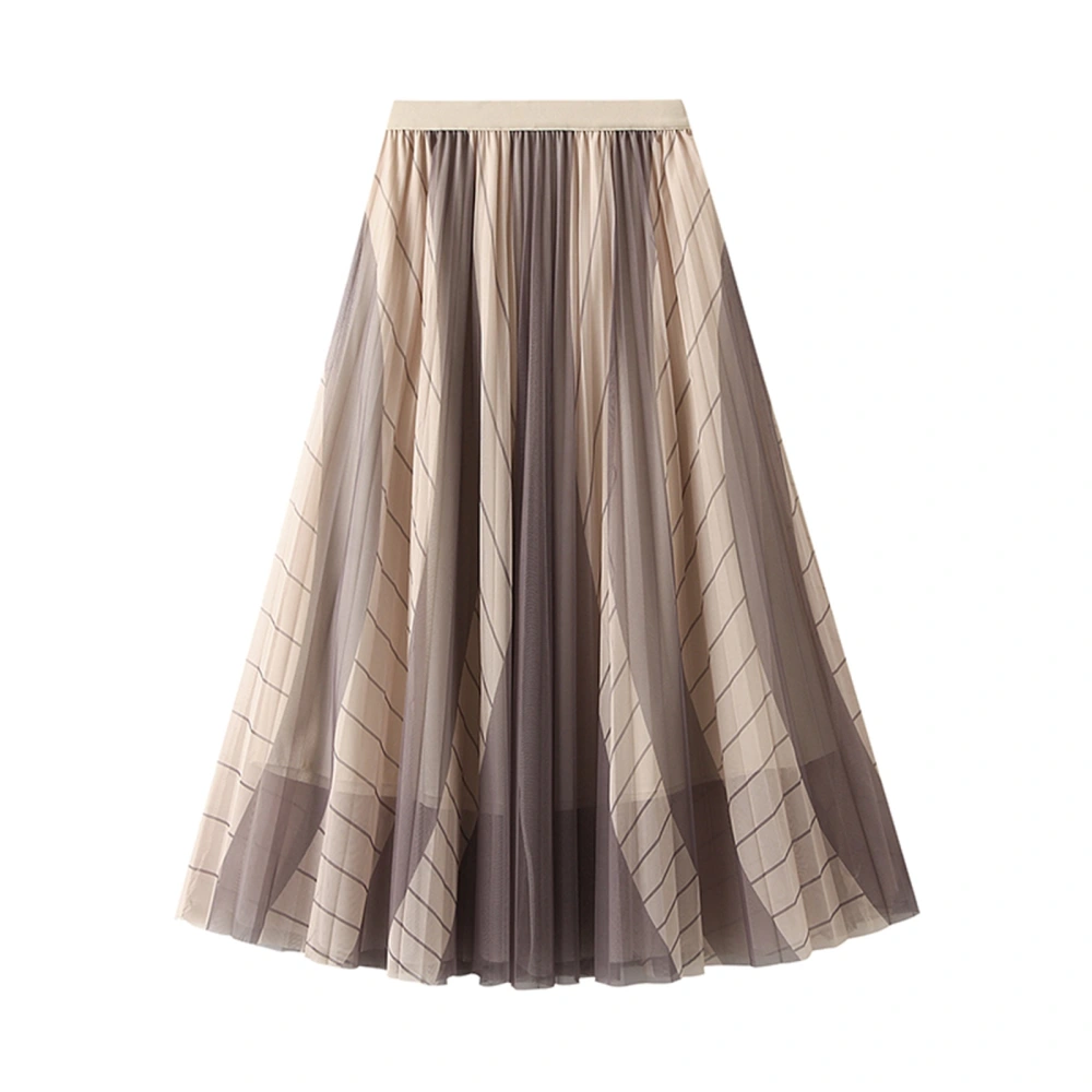 Women’s Tulle Midi Skirt, Elastic Waist Striped Print A-line Skirt