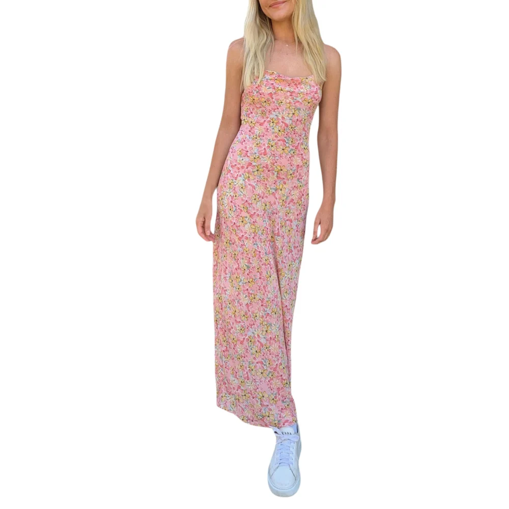 Long Slip Dress, Floral Print Boat Neck Spaghetti Strap One-piece