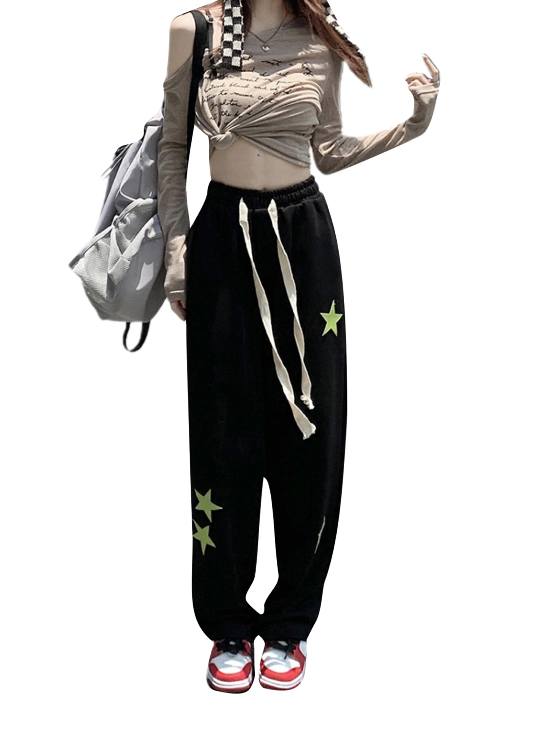 Women Straight Pants Side Pockets Star Print Long Street Trousers