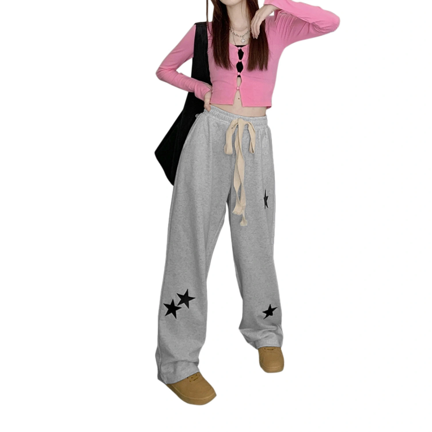 Women Straight Pants Side Pockets Star Print Long Street Trousers