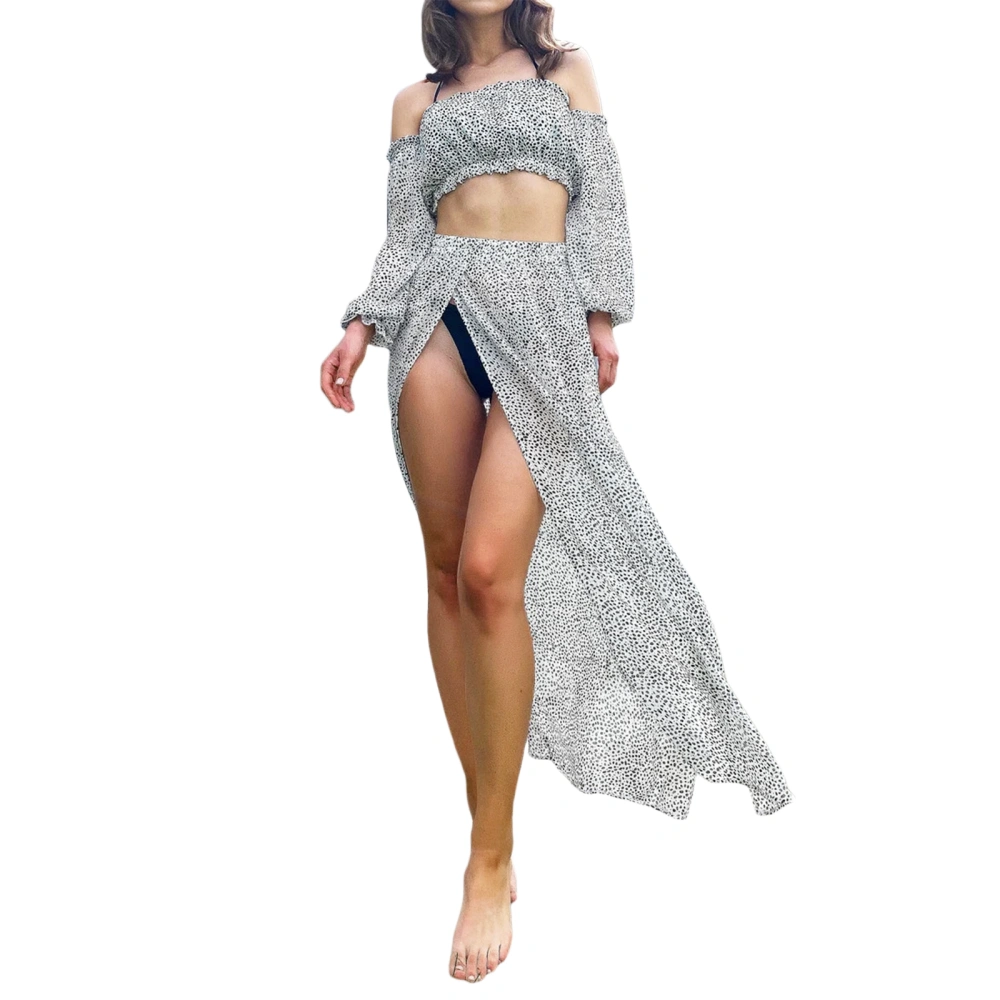 Women's Two-Piece Beach Cover Ups Long Sleeve Tops + Slit Long Skirt