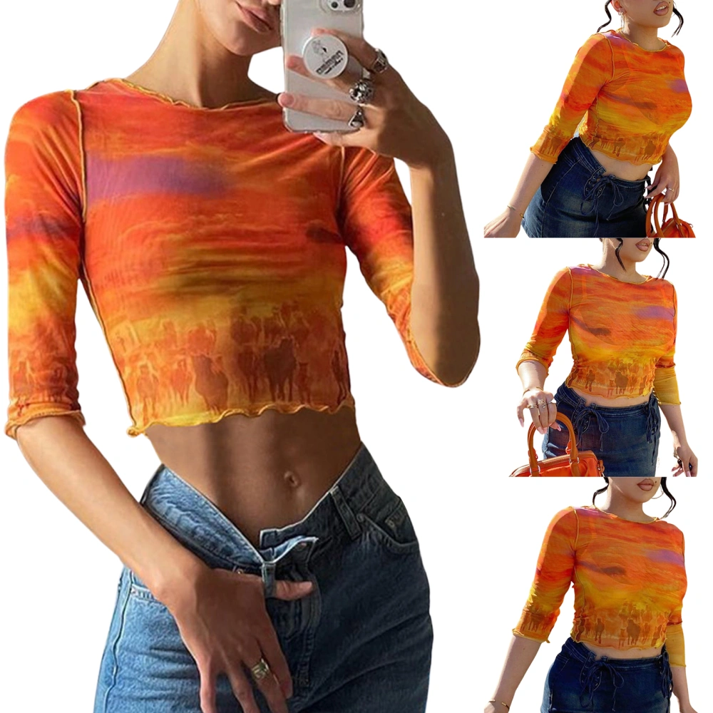 Women’s Fashion Printing Mesh Yarn Exposed Navel Half Sleeve T-shirt