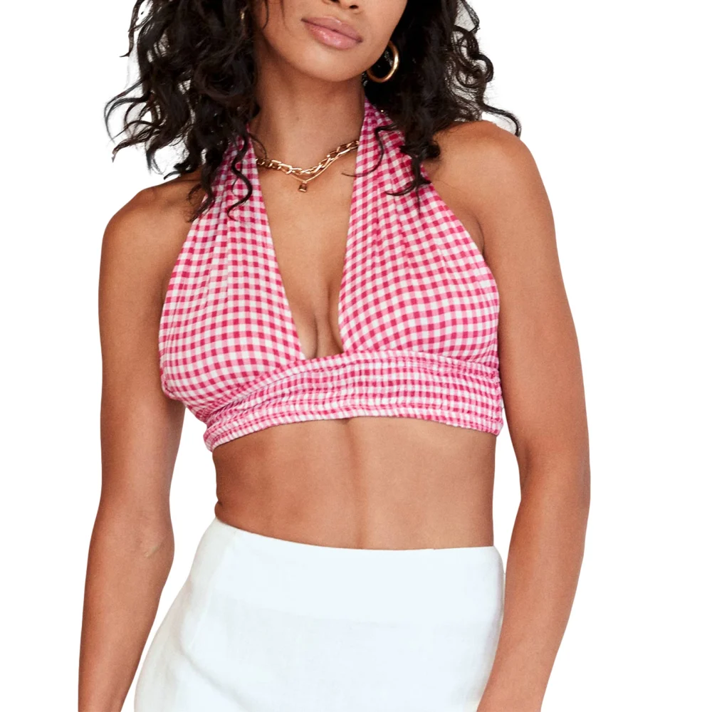 Women Halter Crop Tank Tops, Sleeveless Plaid Print Knot Tie Camisole