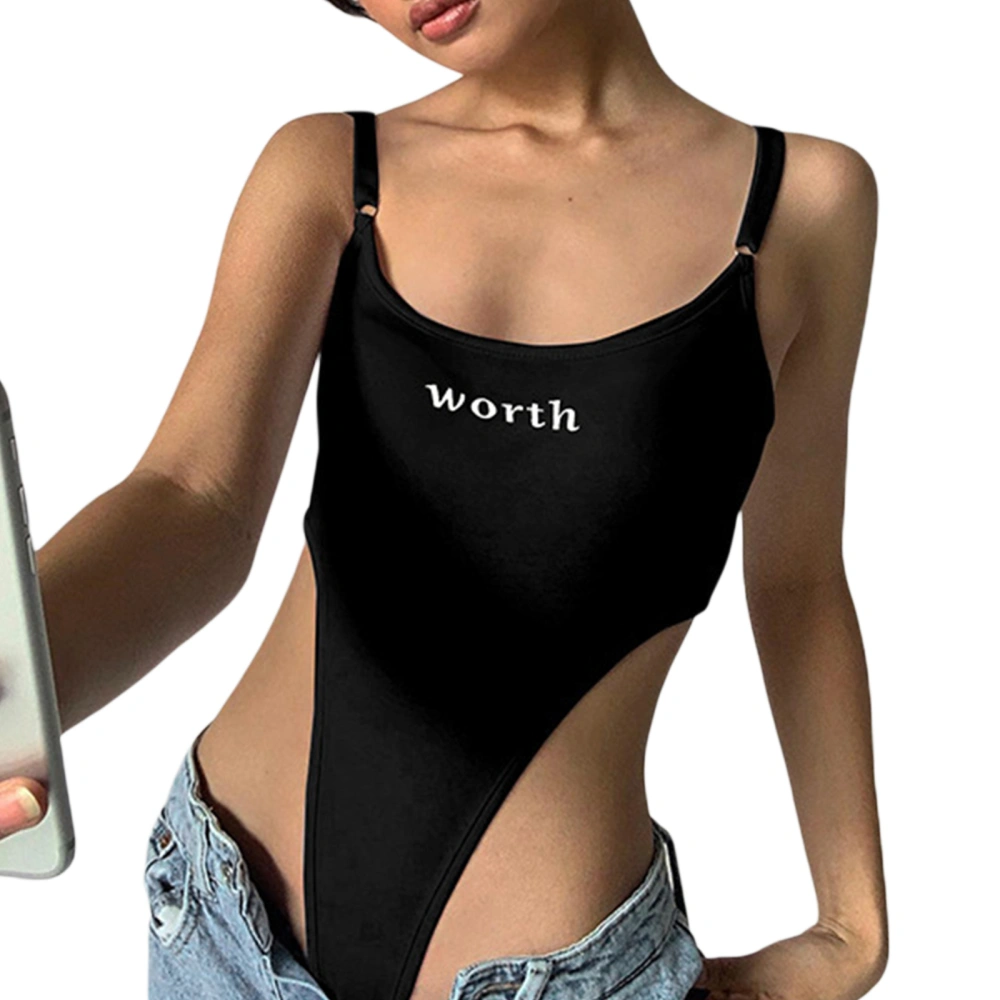 Women Bodysuit, Sleeveless High-cut Letters Print Jumpsuit Clubwear