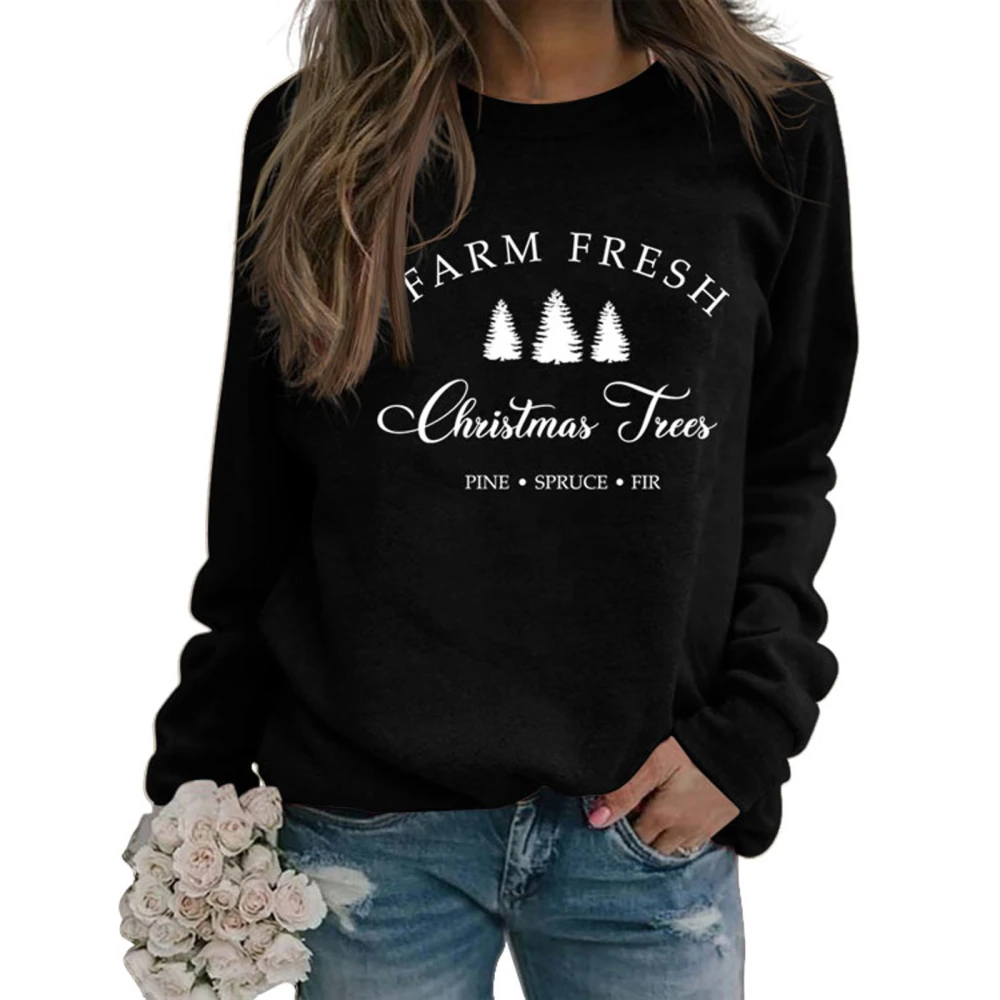 Women Wild Christmas Sweatshirts Letter Christmas Tree Print Hoodies