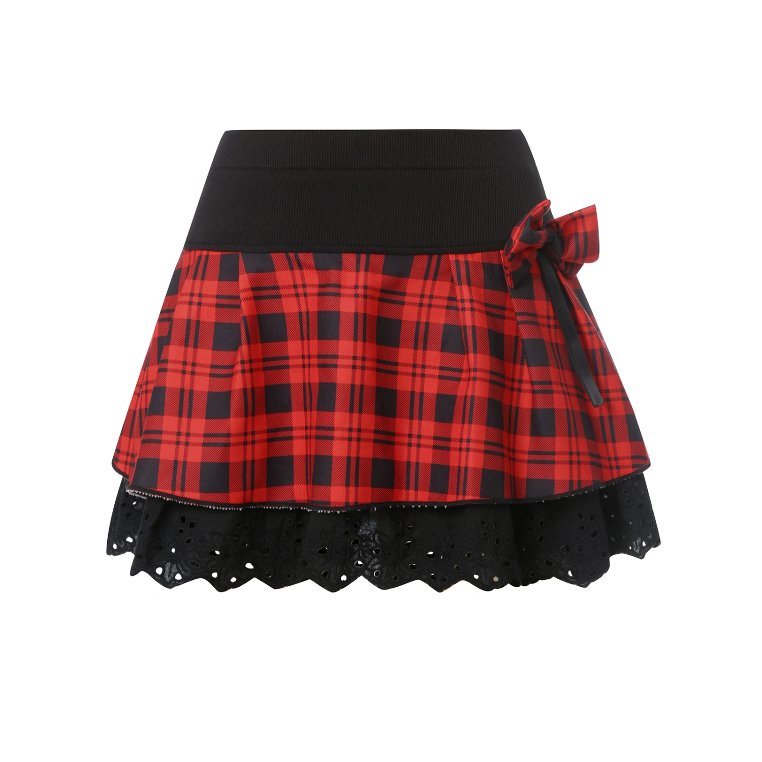 Women Skirt Plaid Bowknot Hollow-Out Pattern Hem High Waist Mini Skirt