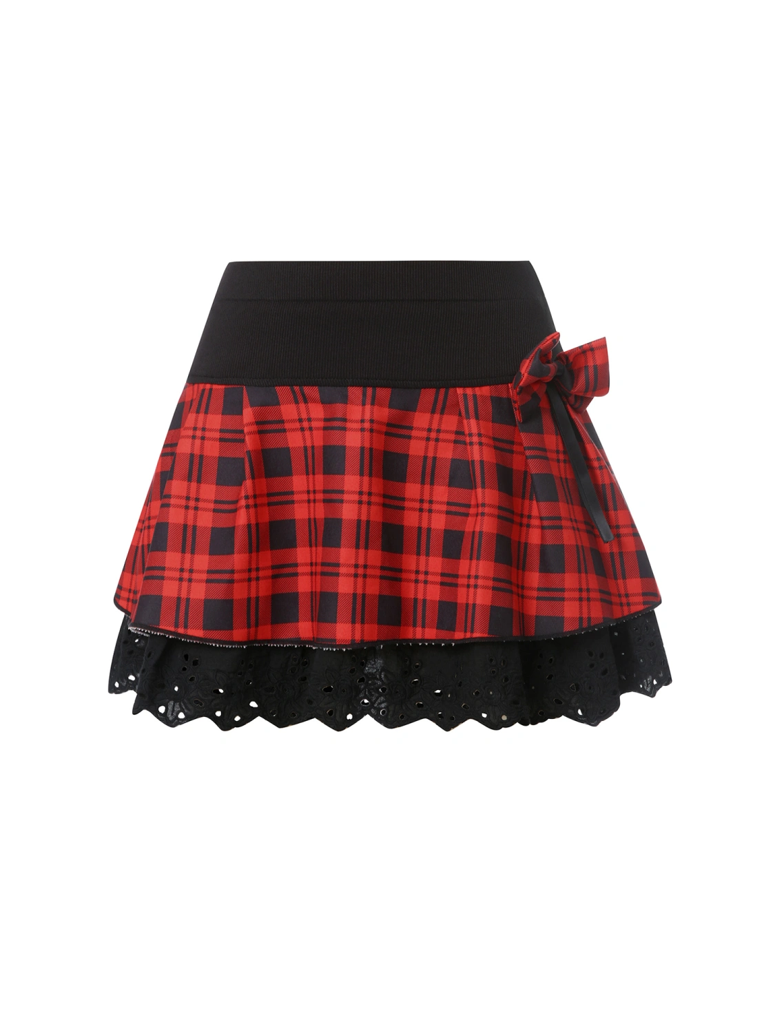 Women Skirt Plaid Bowknot Hollow-Out Pattern Hem High Waist Mini Skirt