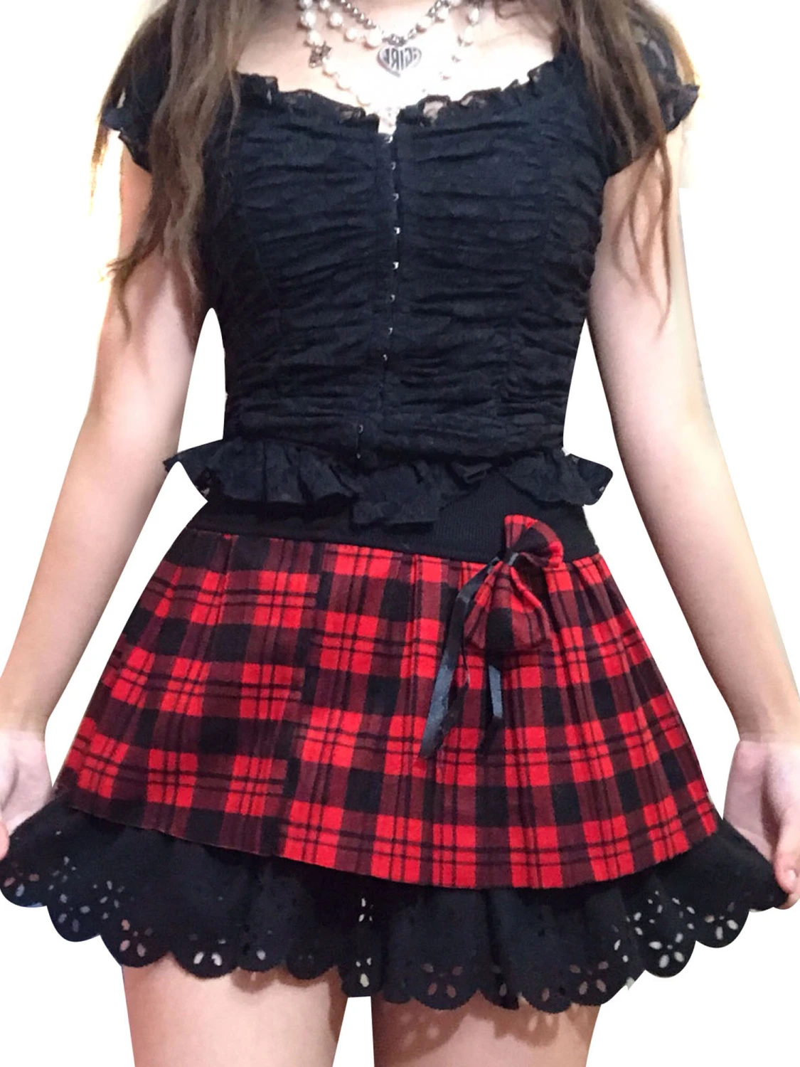 Women Skirt Plaid Bowknot Hollow-Out Pattern Hem High Waist Mini Skirt