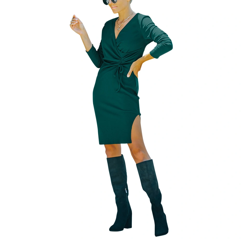 Women Solid Color V-neck Dress, Long Sleeve Close-fitting One-piece