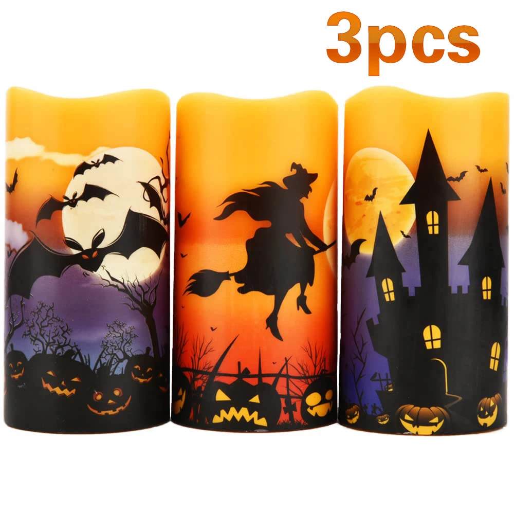 Flameless Flickering Candles Battery Operated with 6 Hour Timer, Set of 3 Real Wax LED Pillar Candles Warm Light with Castle, Witch, Bats Decal Halloween Decor Candles for Kids