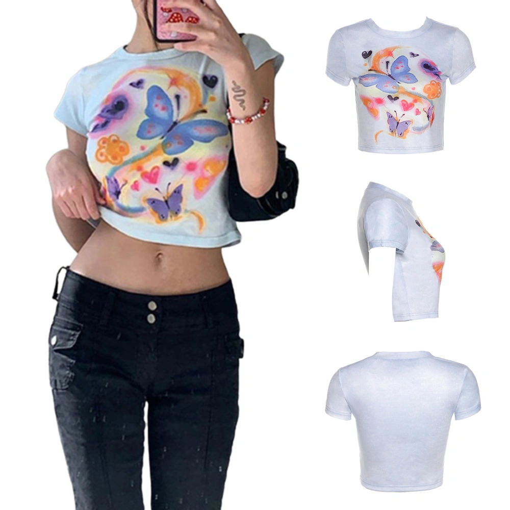 Women Crop Tops, Butterfly Tie Dye Print Short Sleeve  T-Shirts