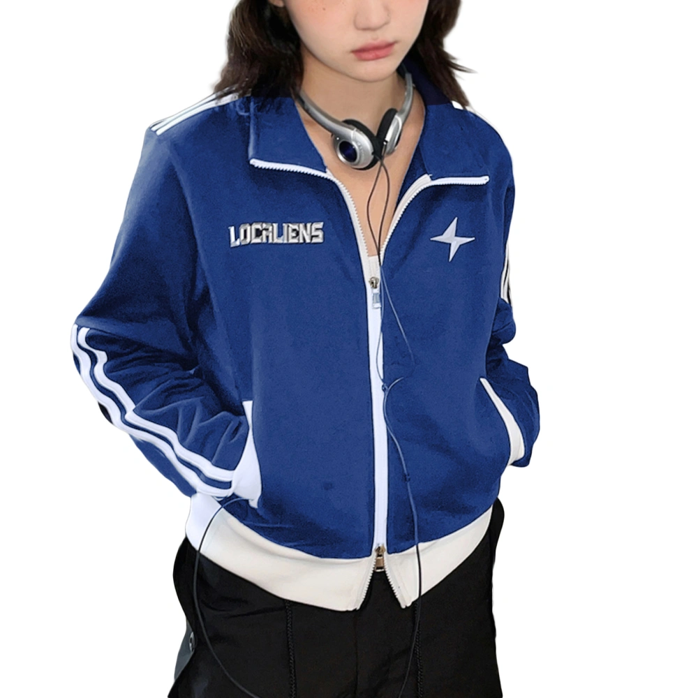 Women Zip Up Jacket Casual Retro Letter Print Warm Jacket with Pockets