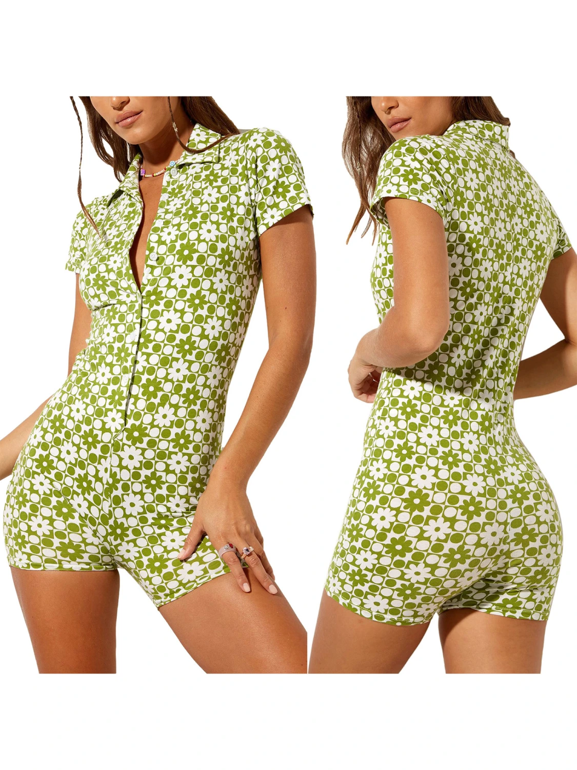 Women Playsuit, Plaid and Floral Print Turn-down Collar Overalls