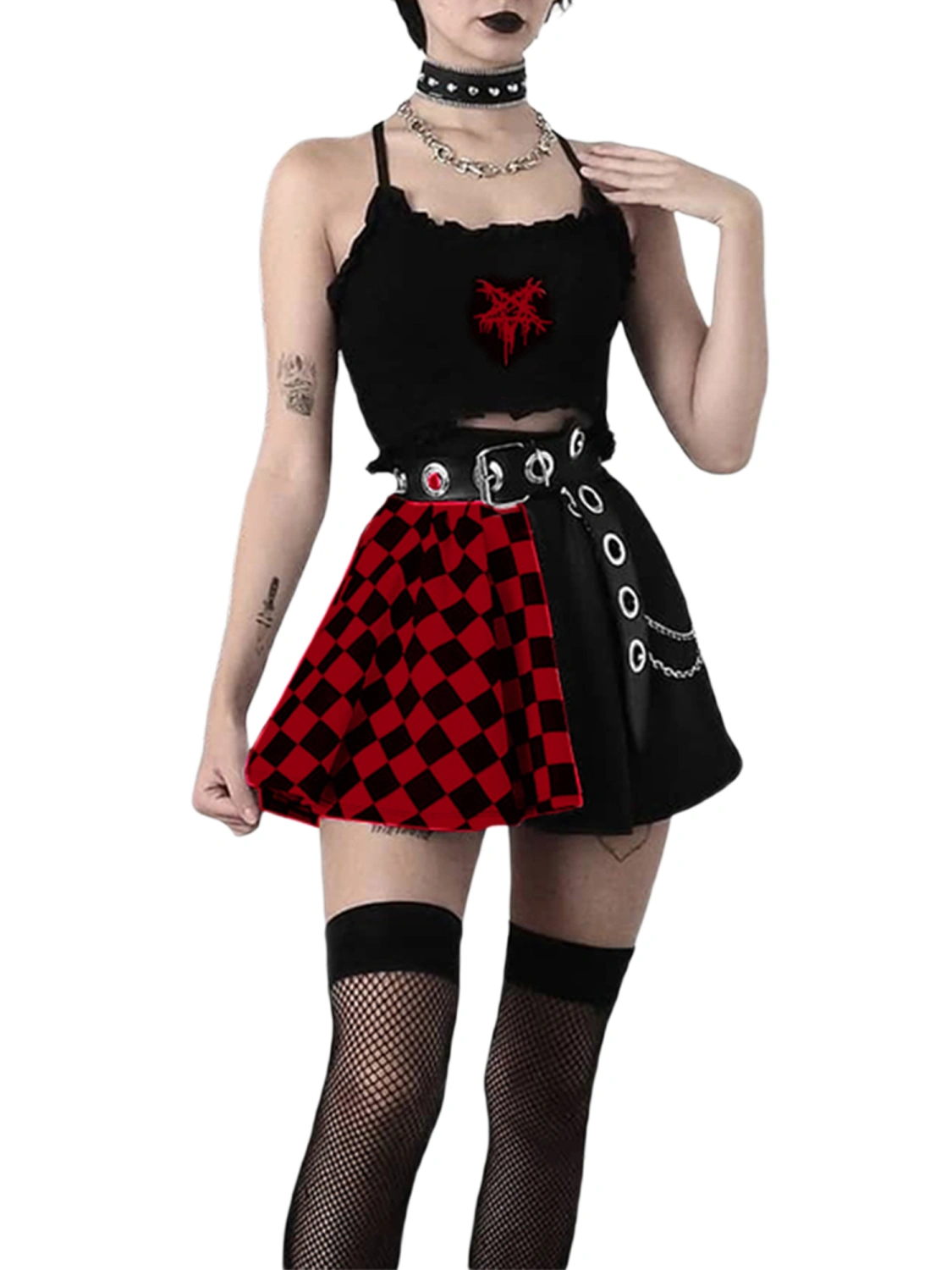 Women's Mini Skater Skirt High Waist Checkerboard Print Flared Skirt