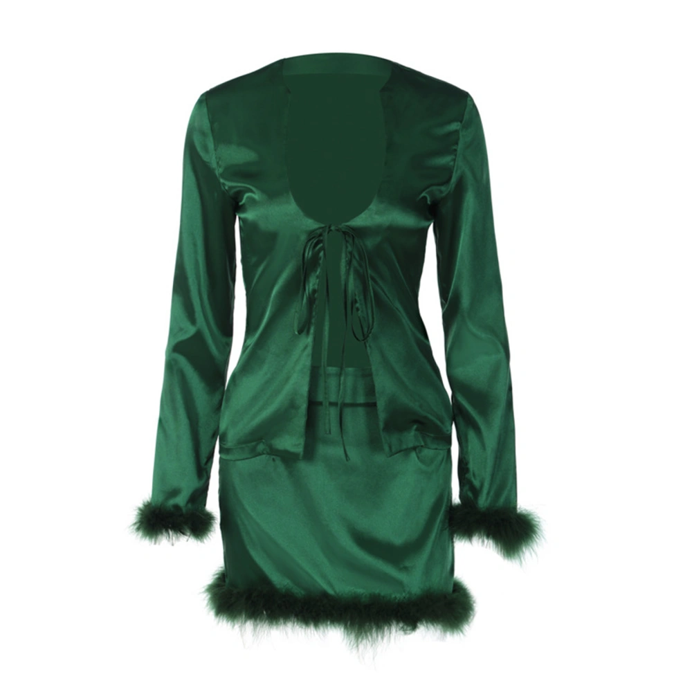 Women's Long Sleeve Open Front Tie Up Tops + Green High Waist Skirt