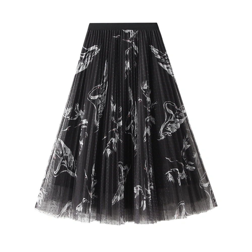 Women Skirt White-Crane Print Double Layer Mesh Mid-length Skirts 