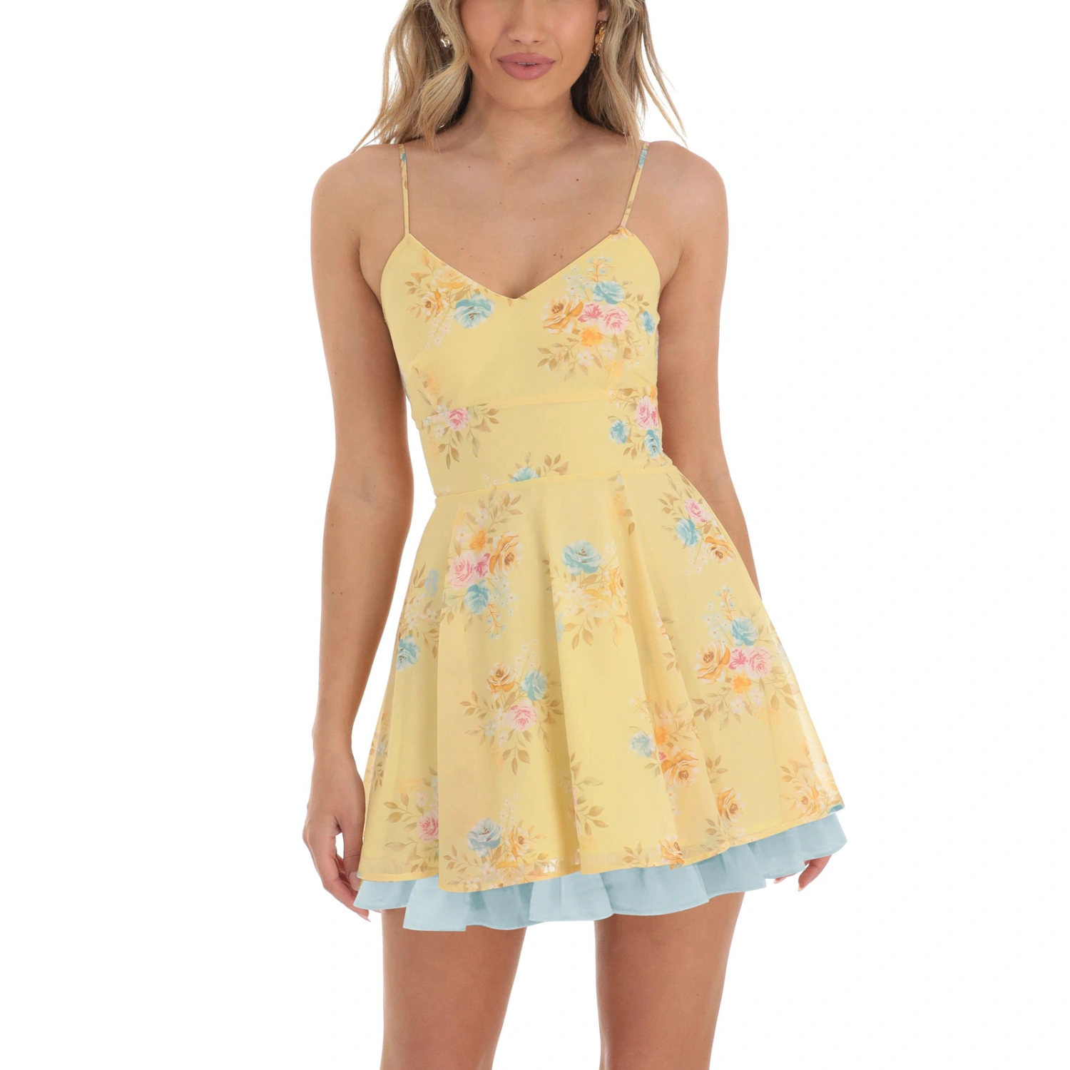 Women Summer Casual A-line Dress Floral Print V-Neck Backless Dress