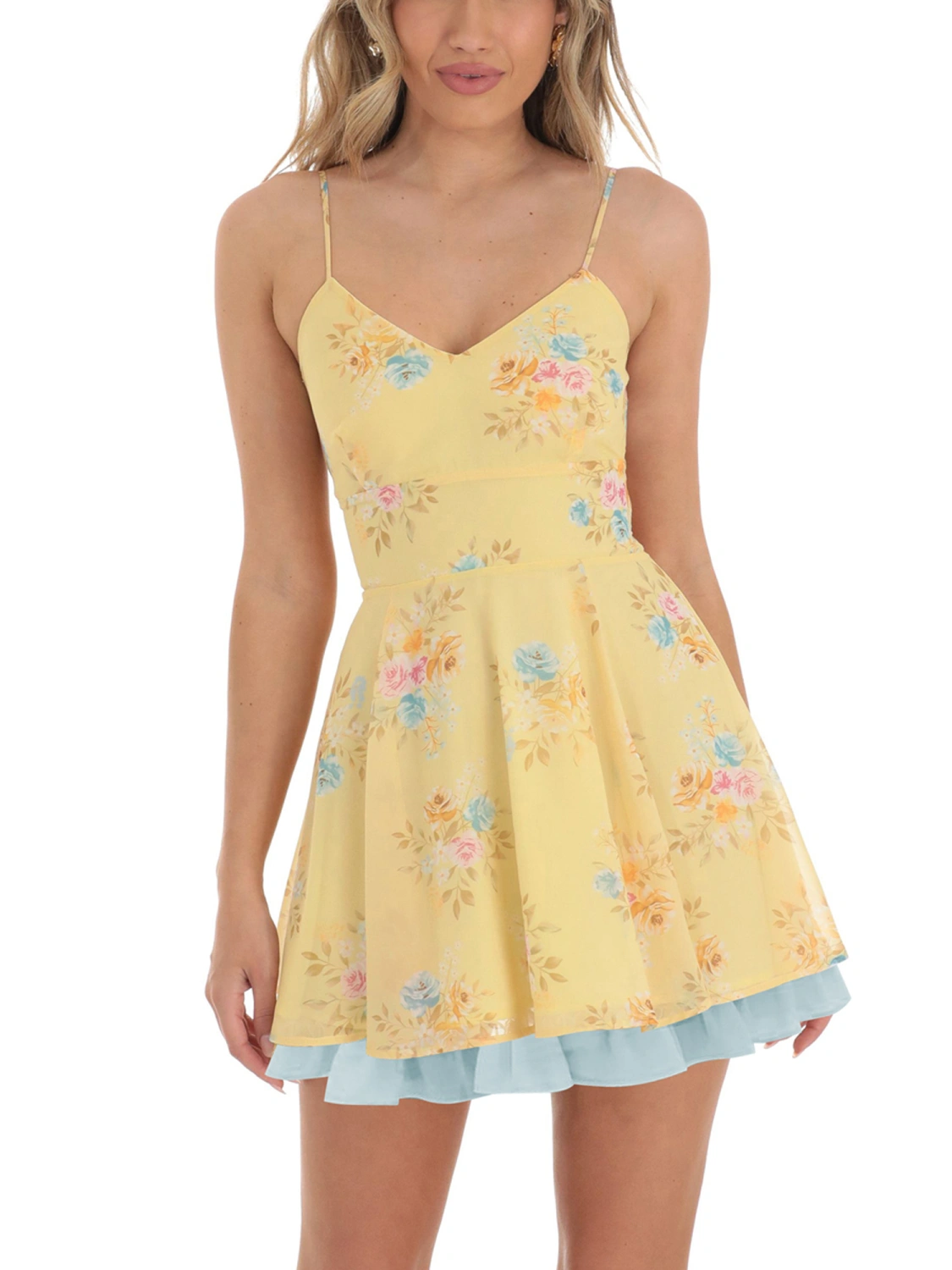 Women Summer Casual A-line Dress Floral Print V-Neck Backless Dress