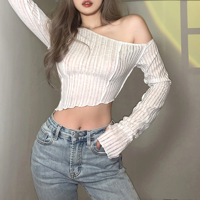 Women Crop Tops, Sexy Long Sleeve Irregular Neck Solid Slim Tops