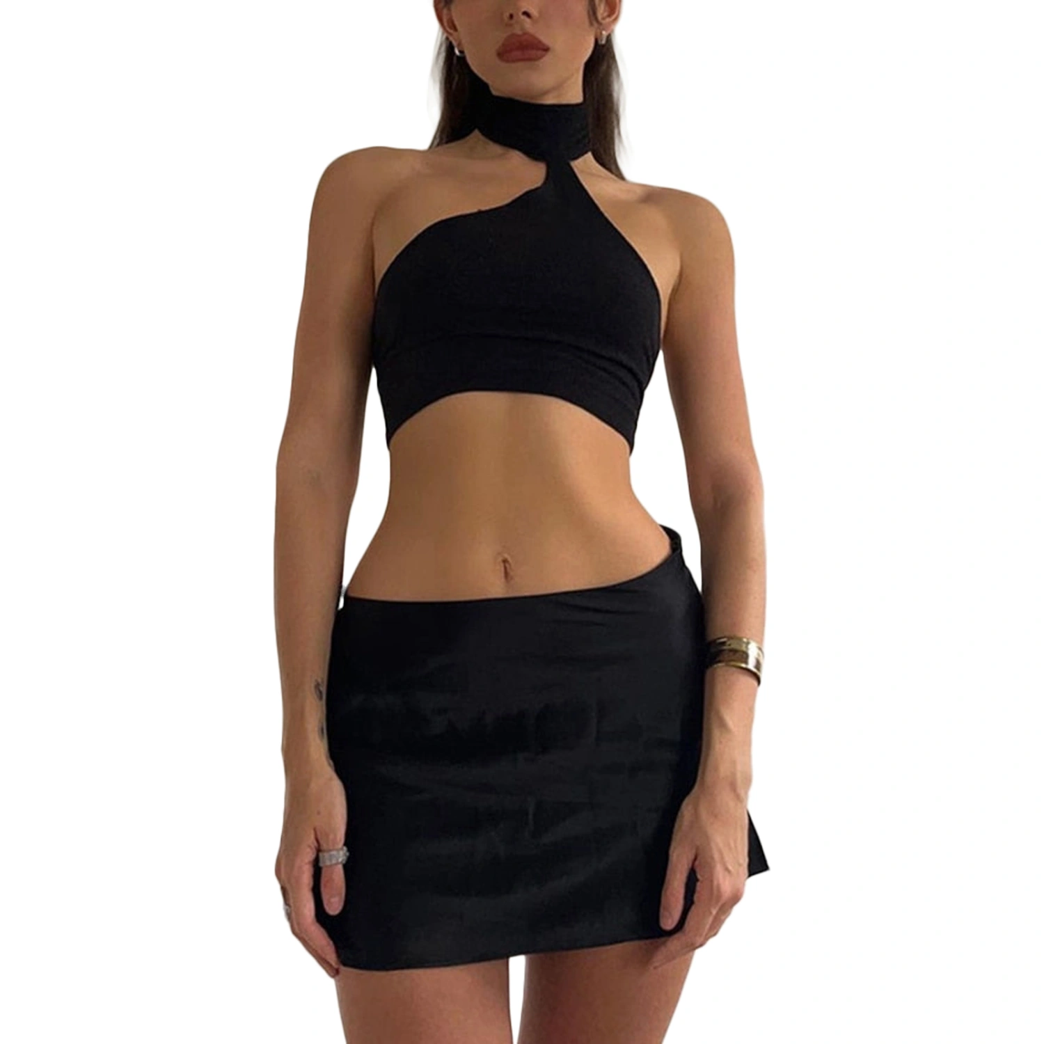 Women Sling Vest Solid Color Crop Tops + Wrapped Short Skirt