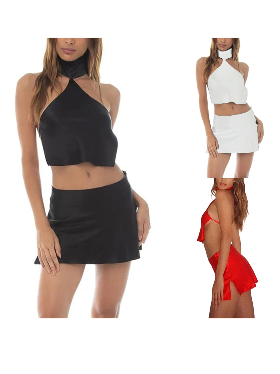 Women Sling Vest Solid Color Crop Tops + Wrapped Short Skirt