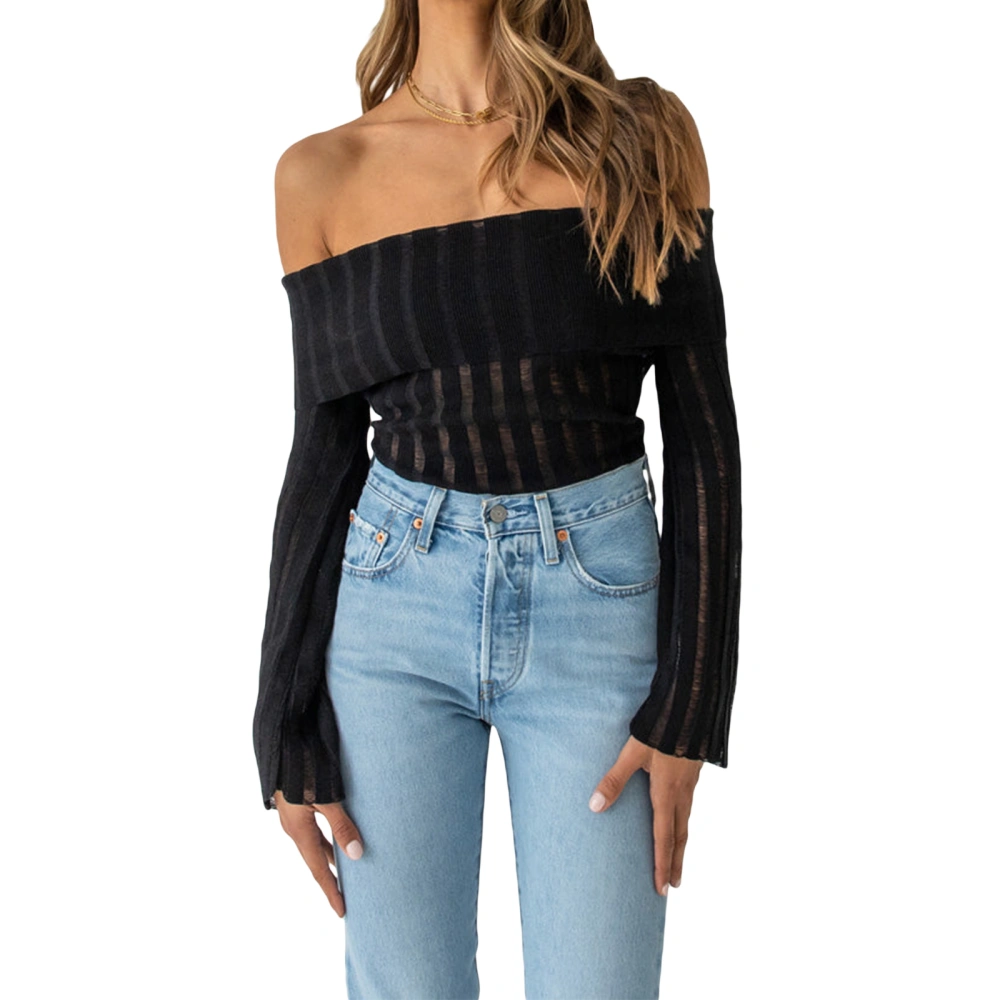 Women's Spring Knit Tops, Solid Color Off Shoulder Long Sleeve Sweater