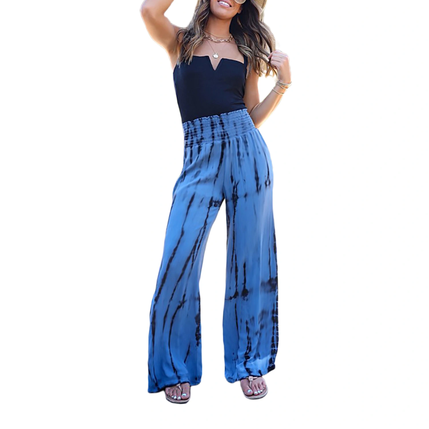 Women Loose Pants High Waist Wide-Leg Floral / Striped Streetwear