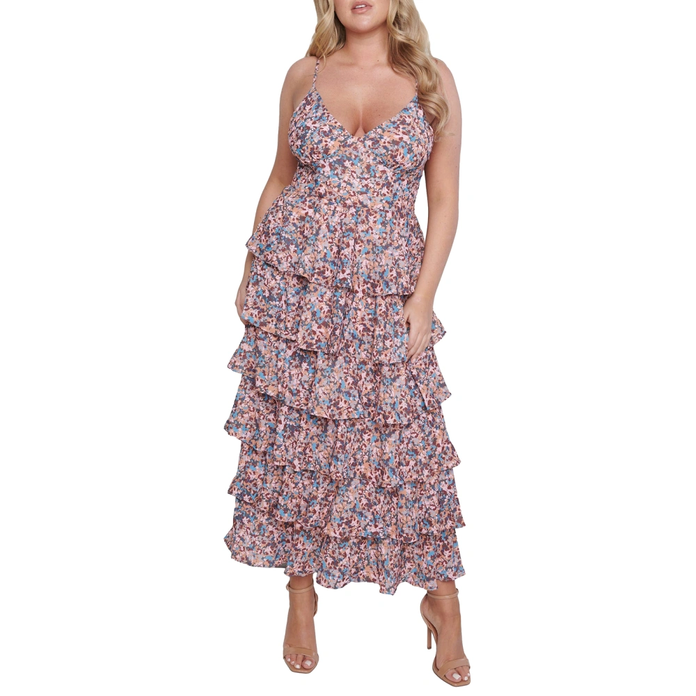 Women Floral Print Long Dress V-Neck Tiered Ruffles Cami Dress