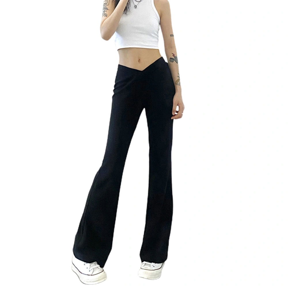 Women Solid Color Flared Pants, Black V-shaped Low Waist Trousers