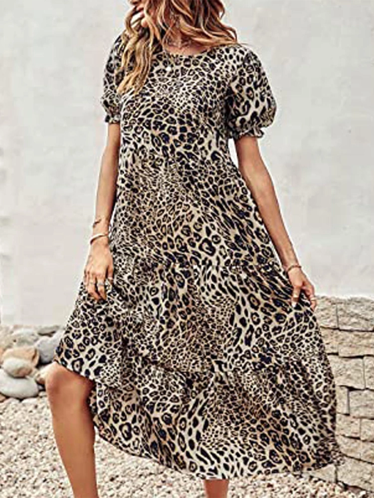 Women's Summer Short Sleeve O Neck Dot/Leopard Print A-line Dress